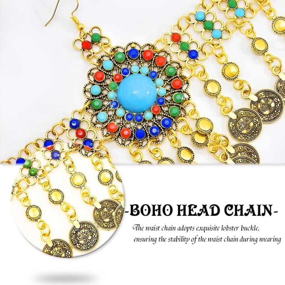 Boho Gold Head Chain Coins Headpiece Jewelry Festival Accessory for Women Girls - Picture 5 of 7
